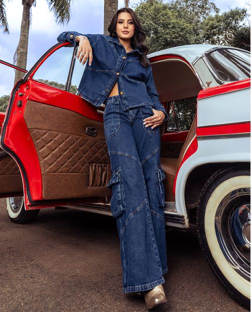 Calça Jeans Wide Leg Feminina Relaxed Cargo 24565 Escura