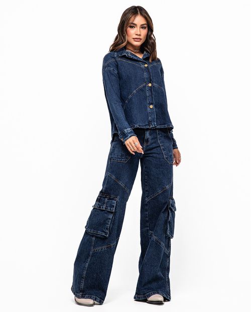 Calça Jeans Wide Leg Feminina Relaxed Cargo 24565 Escura