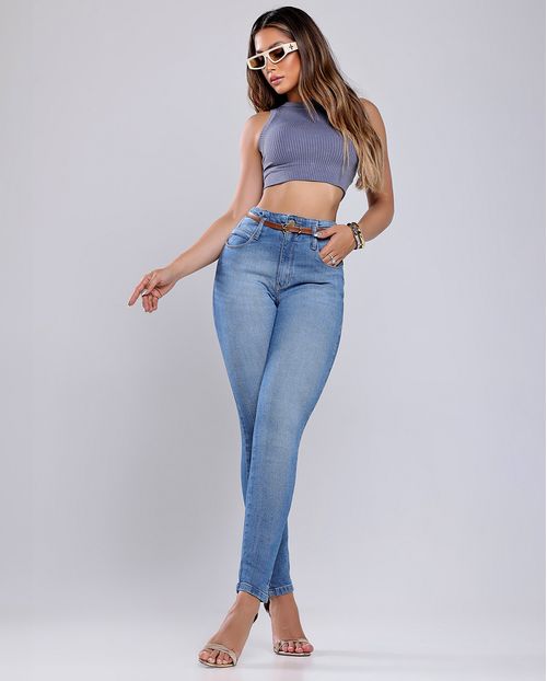 Calça Jeans Skinny Hot Feminina com Cinto P.U Cintura Alta  24495 Sky Médio