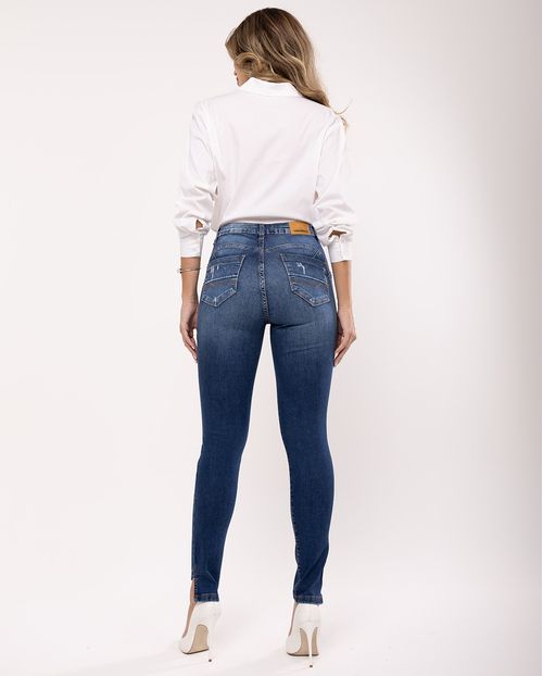 Calça Jeans Skinny Feminina Cintura Média Barra Assimétrica 23504 Escura