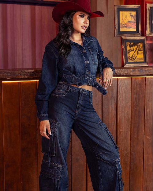 Calça Jeans Wide Leg Feminina Relaxed Cargo 24610 Escura