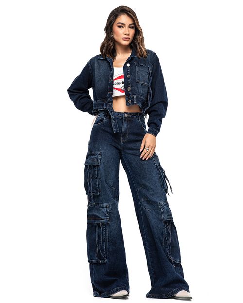 Calça Jeans Wide Leg Feminina Relaxed Cargo 24610 Escura