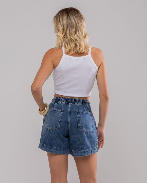 Shorts Jeans Mom Feminino Cintura Alta com Elástico 24206 Média