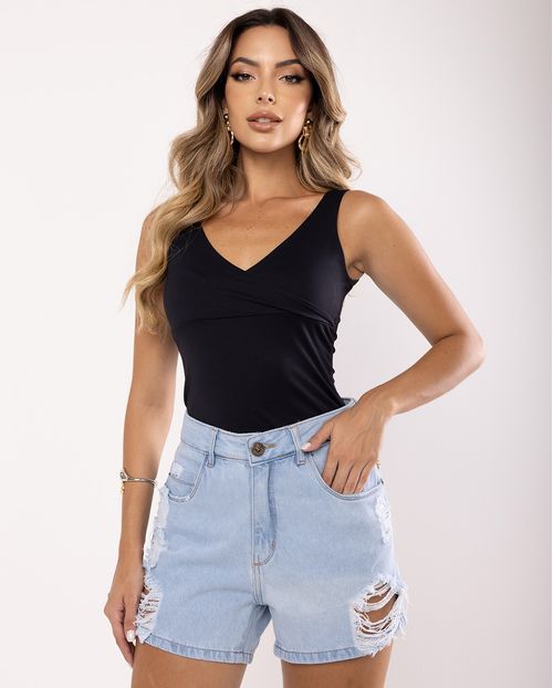 Shorts Jeans Feminino Mom Clara Rasgada com Cinto Revestido   21527 Clara Rasgada