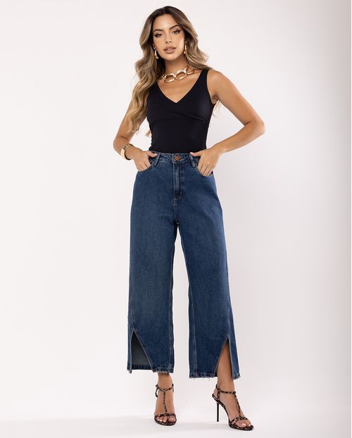 Calça Jeans Pantacourt Feminina Cintura Alta Abertura Na Barra 23663 Escura
