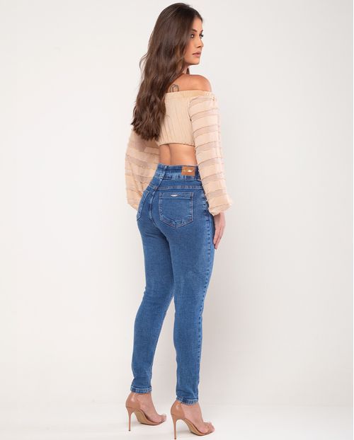 Calça Jeans Mom Feminina Cintura Alta Detalhe de Fivela 24271 Escura
