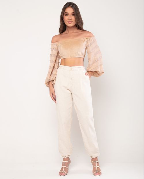 Calça Linho Jogger Feminina Cintura Alta Básica 23553 Linho