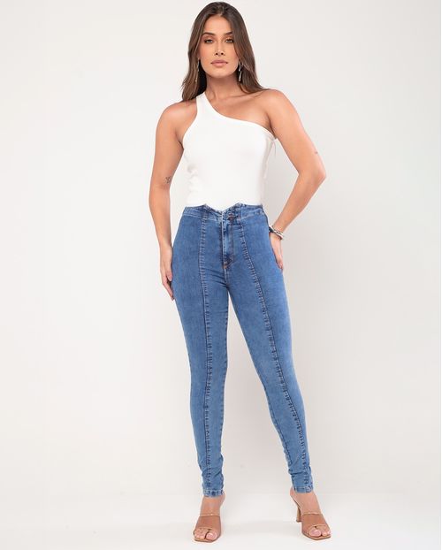 Calça Jeans Skinny Hot Pants Feminina Cintura Alta com Cós Diferenciado 22219 Média