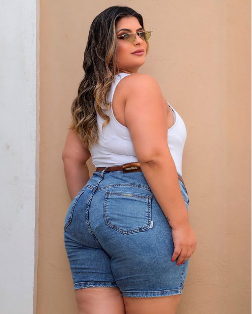 Bermuda Jeans Meia Coxa Feminina Plus Size com Cinto 24555 Sky