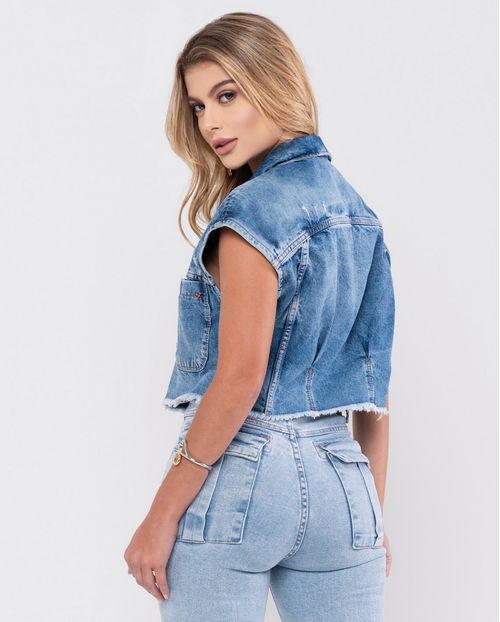 Colete Jeans Cropped Oversize Feminino Barra Desfiada 23055 Média
