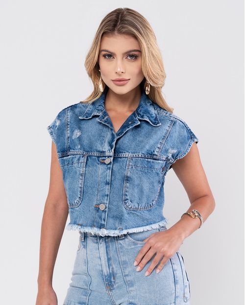 Colete Jeans Cropped Oversize Feminino Barra Desfiada 23055 Média