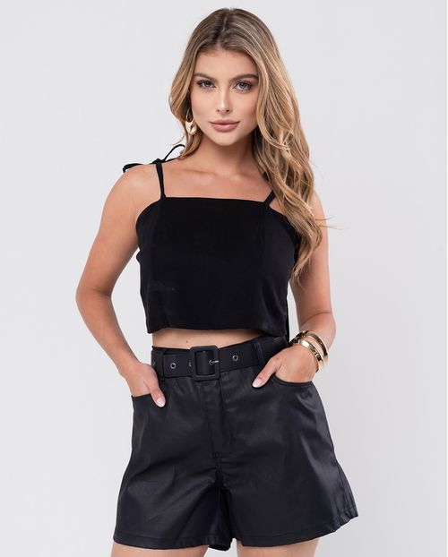 Shorts Material Sintético Mom Feminino com Cinto 24224 Preto