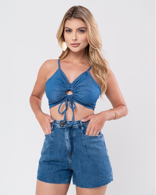 Shorts Jeans Mom Feminino Cintura Alta Detalhe Cós 23997 Média