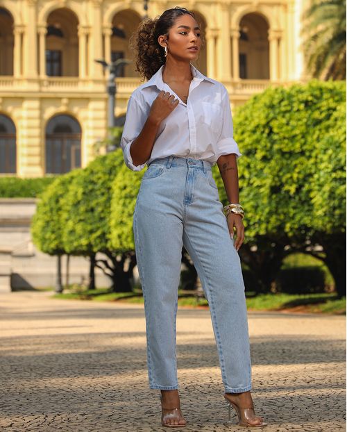 Calça Jeans Mom Feminina Cintura Alta 101vibes Algodão 00101 Sky Claro