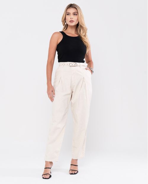 Calça Linho Alfaiataria Feminina Cintura Alta com Cinto 24243 Linho