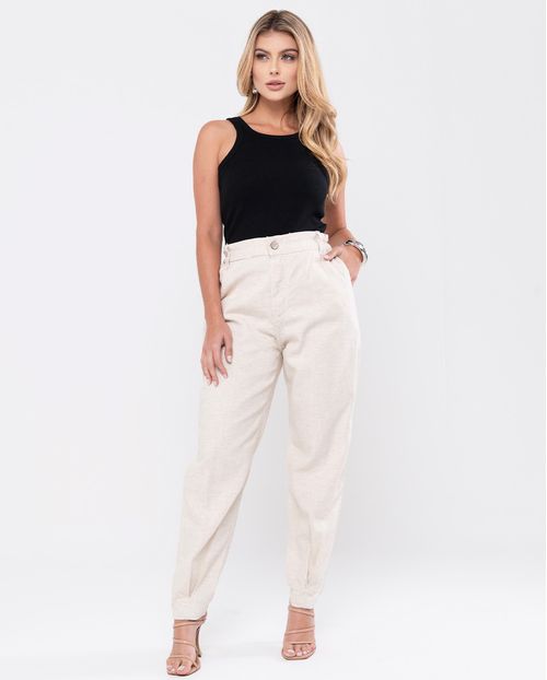 Calça Linho Slouchy Feminina Cintura Alta Detalhe Prega 23777 Linho