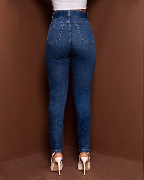 Calça Jeans Mom Feminina com Elastano e Cinto Revestido 00217 Escura