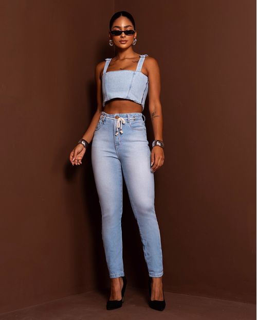 Calça Jeans Mom Rope Feminina Cintura Alta Elástico No Cós 23751 Clara