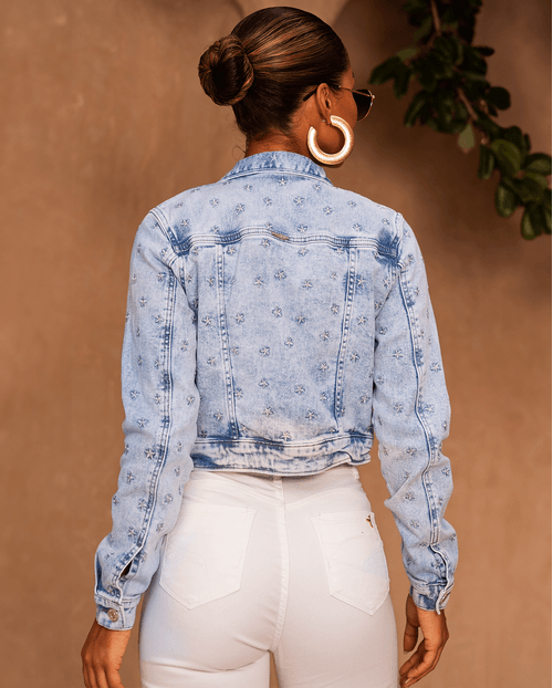 Jaqueta Jeans Cropped Feminina Bordado de Estrelas 23845 Sky