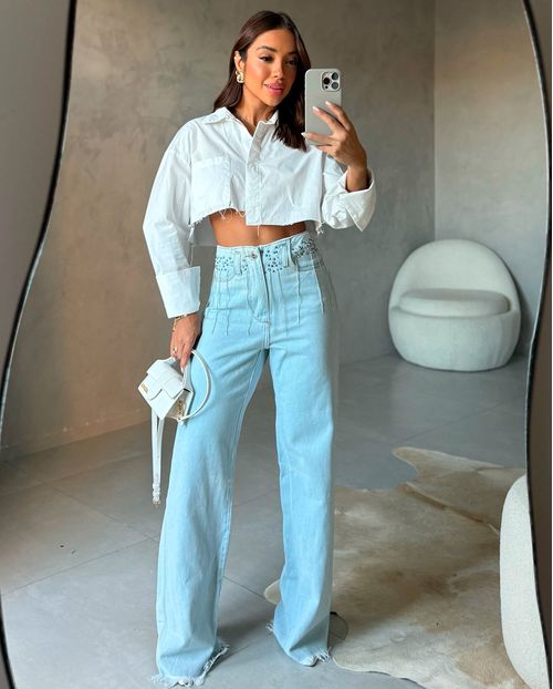 Calça Jeans Wide Leg Feminina Cintura Alta Tachas e Correntes 22420 Clara