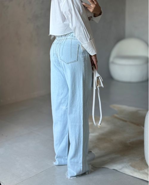 Calça Jeans Wide Leg Feminina Cintura Alta Tachas e Correntes 22420 Clara