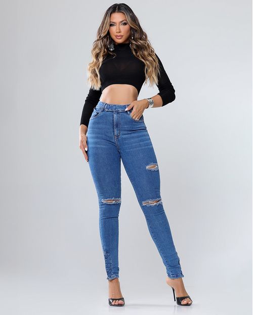 Calça Jeans Feminina  Hot Pants Rasgada com Botões de Pressão 21331	 Média Rasgada