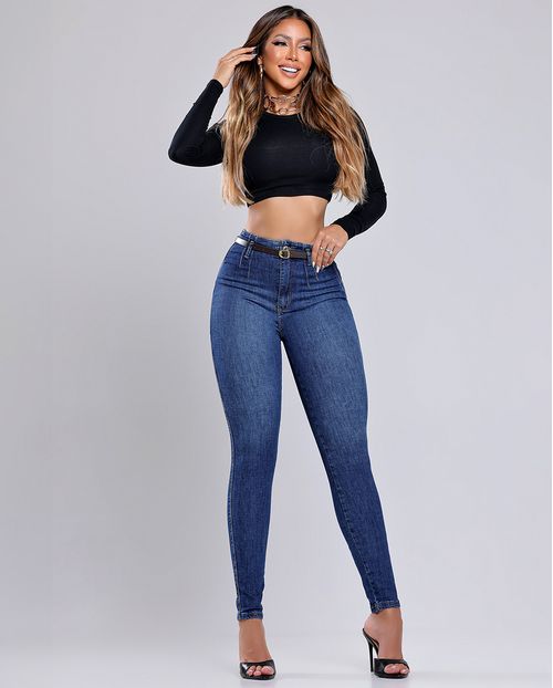 Calça Jeans Skinny Hot Feminina com Cinto Pu 24622 Escura