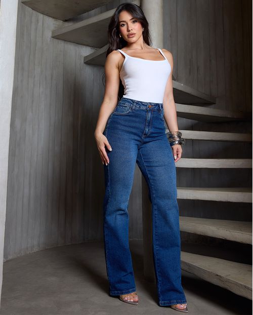 Calça Jeans Wide Leg Fem 24726 Sky Escuro