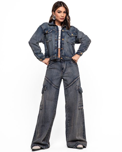 Calça Jeans Wide Leg Feminina Relaxed Cargo 24601 Sujinha