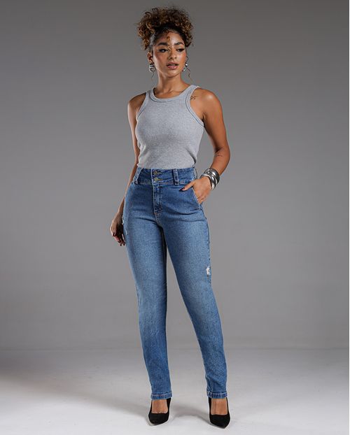Calça Jeans Reta Feminina Cintura Alta Cós Largo 23941 Escura
