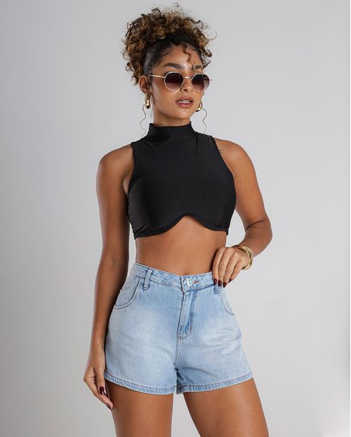 Shorts Jeans Mom Feminino Cintura Alta Detalhe Bolso Ana Castela 24360 Clara
