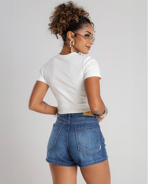Shorts Jeans Mom Feminino Cintura Alta Detalhe Bolso Ana Castela 24360 Média
