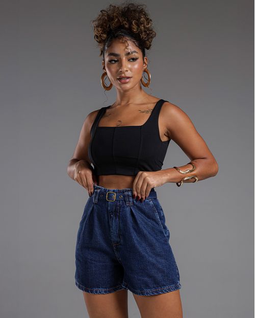 Shorts Jeans Feminino Alfaiataria com Cinto Revestido 24428 Escura