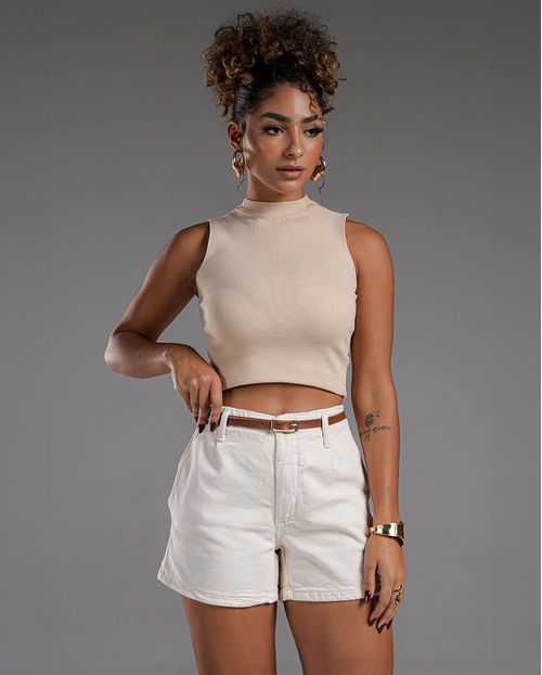 Shorts Jeans Mom Feminino Cós Revel e Cinto Caramelo 24455 Off White