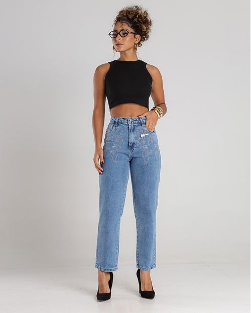 Calça Jeans Straight Feminina Cintura Alta com Bordado 24316 Clara
