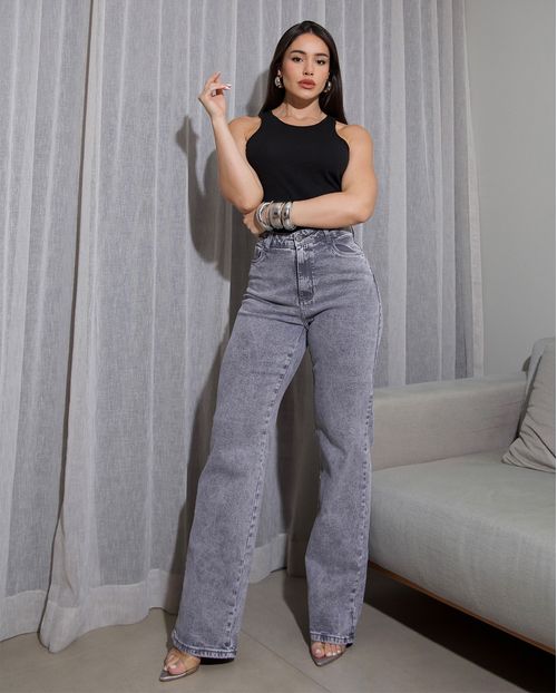 Calça Jeans Wide Leg Feminina Cintura Alta 24726 Cinza
