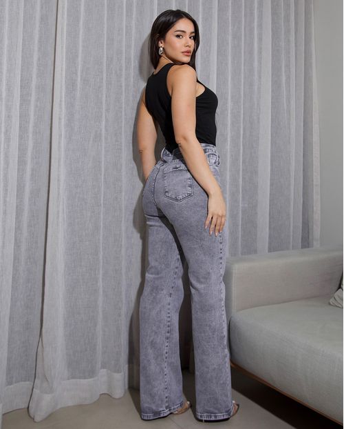 Calça Jeans Wide Leg Feminina Cintura Alta 24726 Cinza