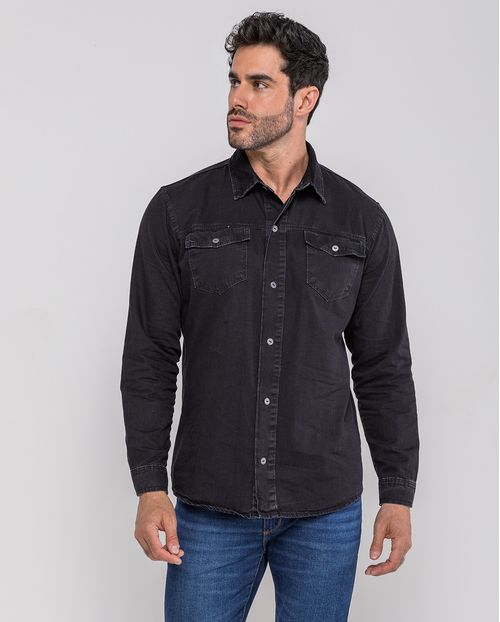 Camisa Jeans Masculina com Bolso Chapado 24608 Preto