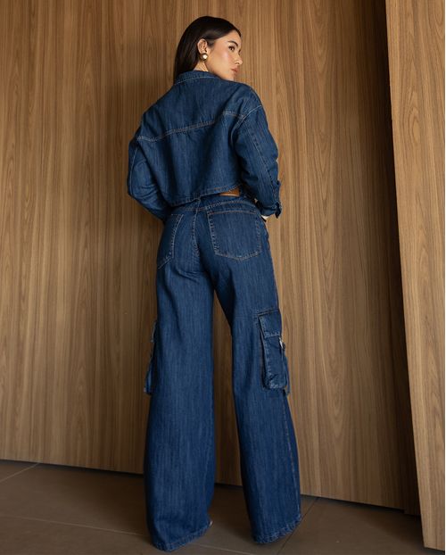 Calça Jeans Wide Leg Feminina Relaxed Cargo  24651 Escura