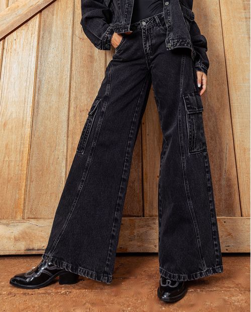 Calça Jeans Wide Leg Feminina Relaxed Cargo 24654 Preto