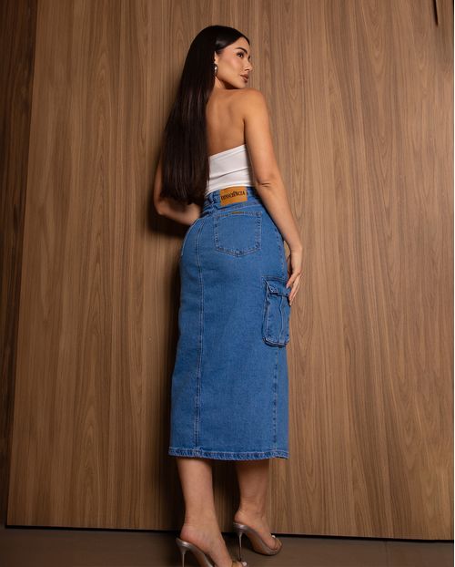Saia Jeans Midi Feminina Cargo 24767 Sky Médio