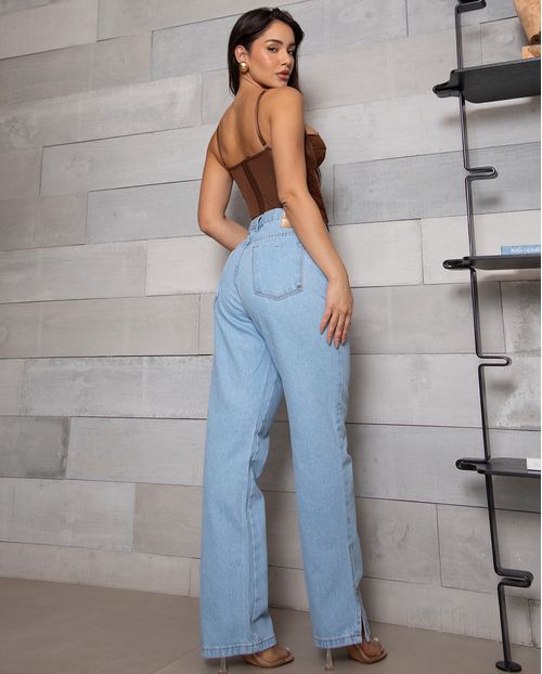 Calça Jeans Wide Loose Feminina Cintura Alta Abertura Lateral Barra 02920 Clara