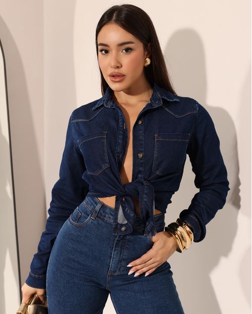 Camisa Jeans Feminina Básica 24708 Escura