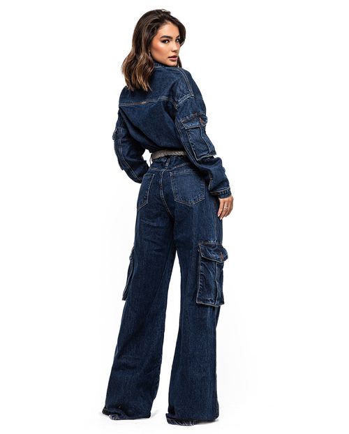 Macacão Jeans Wide Leg Feminino Cargo 24609 Escura