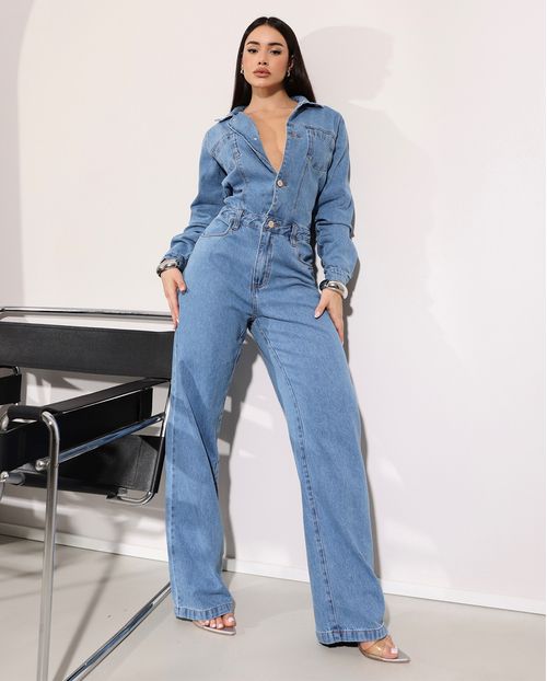 Macacão Jeans Wide Leg Feminino  24520 Média