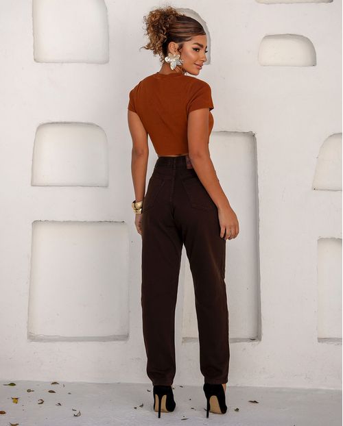 Calça Jeans Mom Feminina Cintura Alta Algodão 00101 Marrom