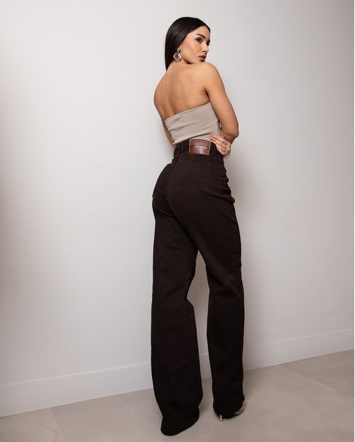 Calça Jeans Wide Leg Feminina Cintura Alta Básica com Elastano 28000 Marrom