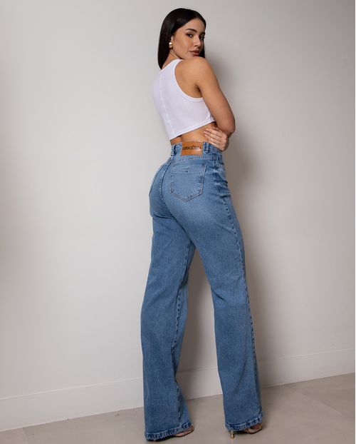 Calça Jeans Wide Leg Feminina Básica 28017 Sky Médio