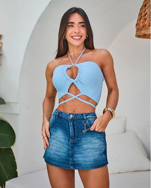 Shorts Saia Jeans Feminino Cintura Alta Detalhe Bolso Ana Castela 24346 Média