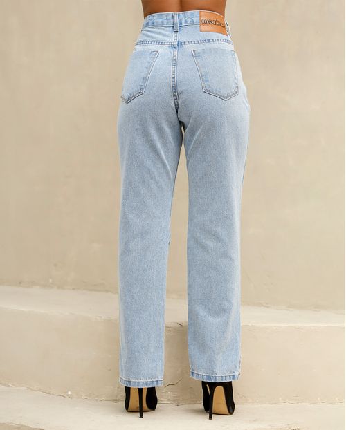 Calça Jeans Wide Loose Feminina Cintura Alta Abertura Lateral Barra 02920 Sky Médio